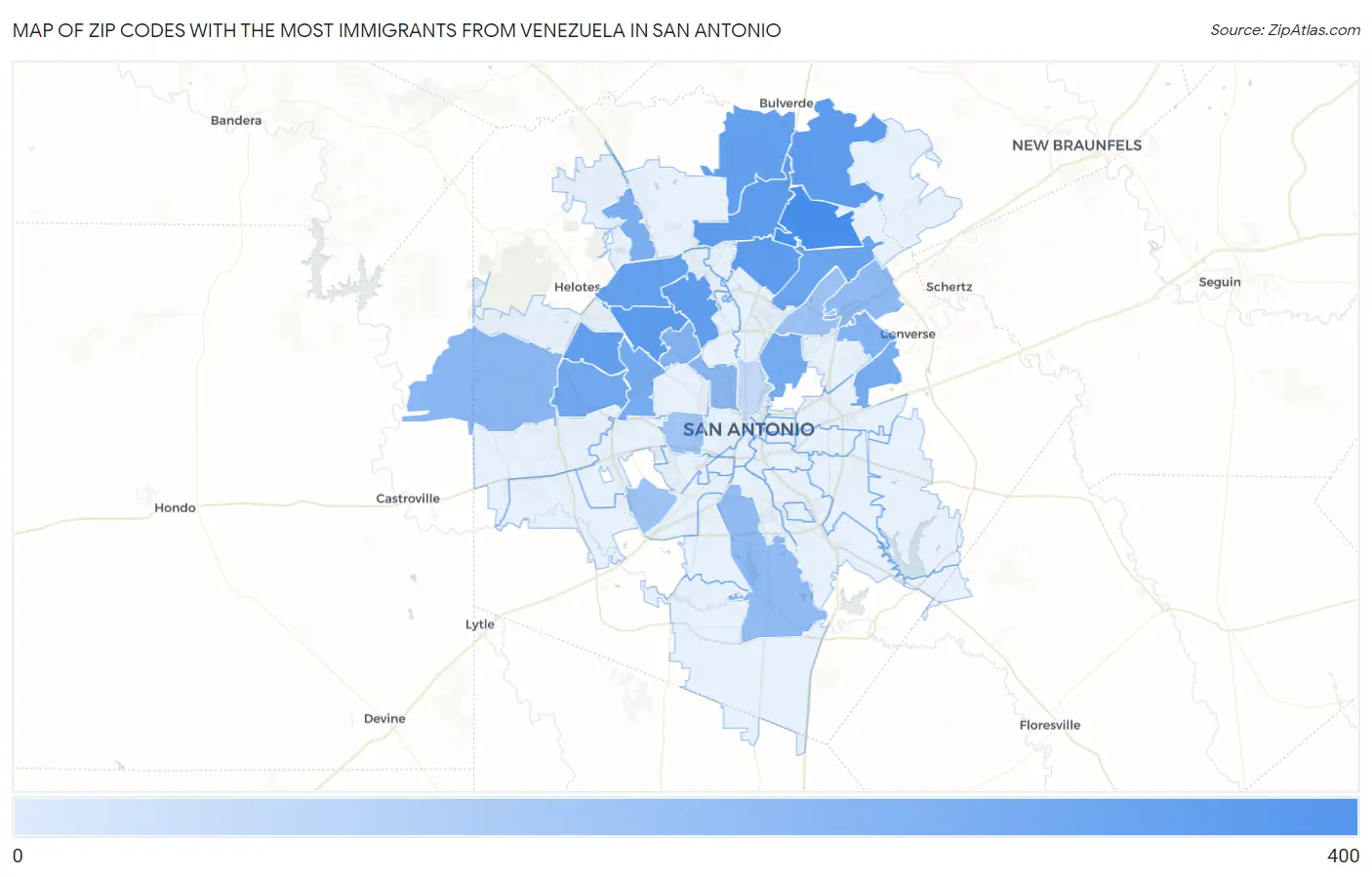 Zip Codes with the Most Immigrants from Venezuela in San Antonio Map