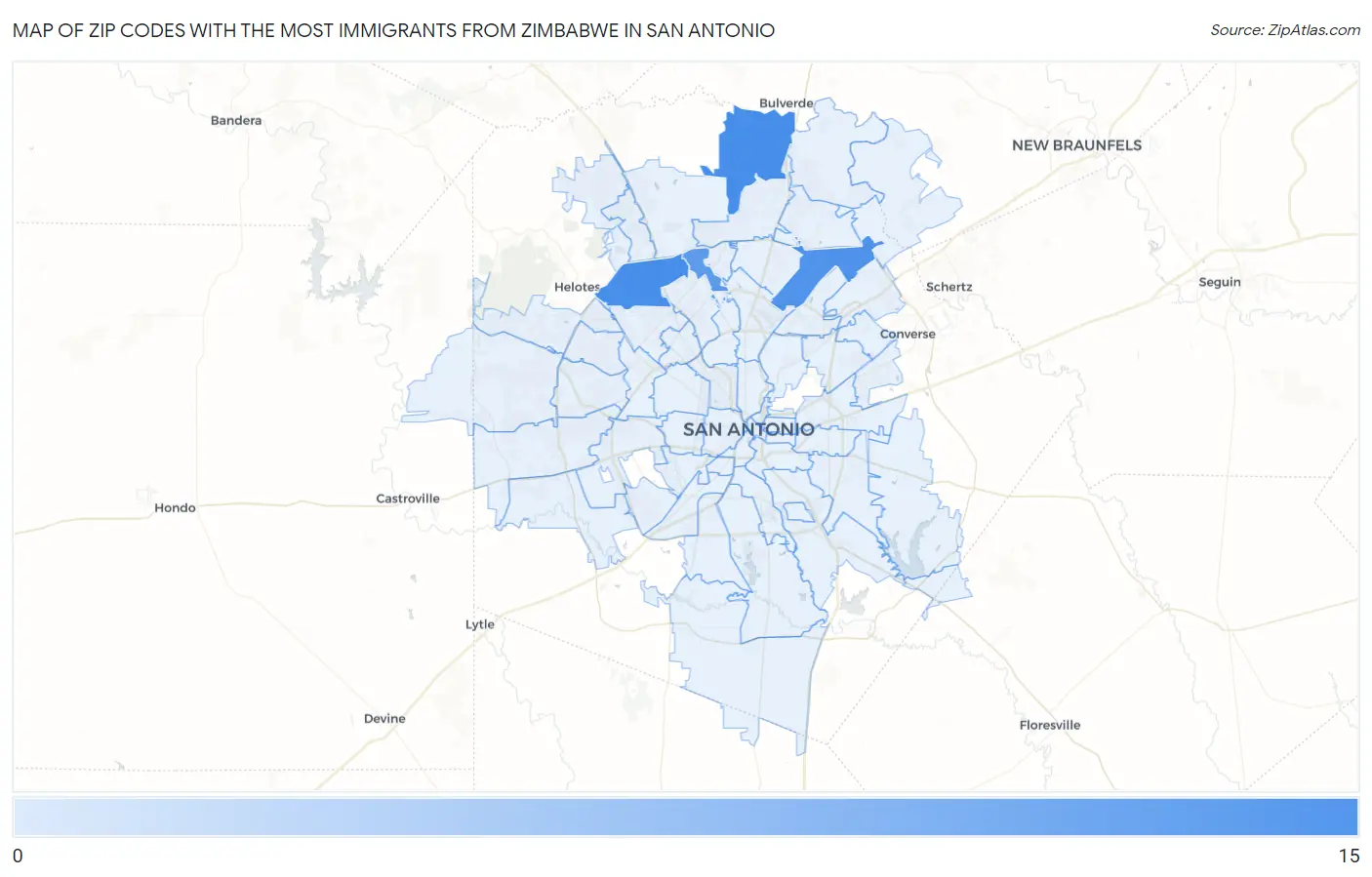 Zip Codes with the Most Immigrants from Zimbabwe in San Antonio Map