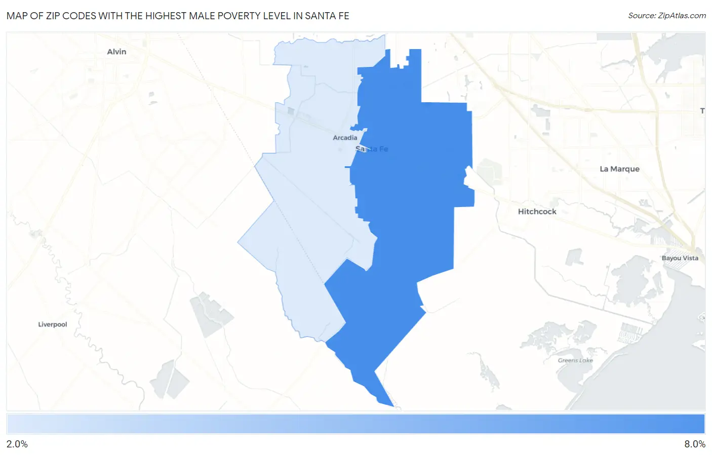 Zip Codes with the Highest Male Poverty Level in Santa Fe Map