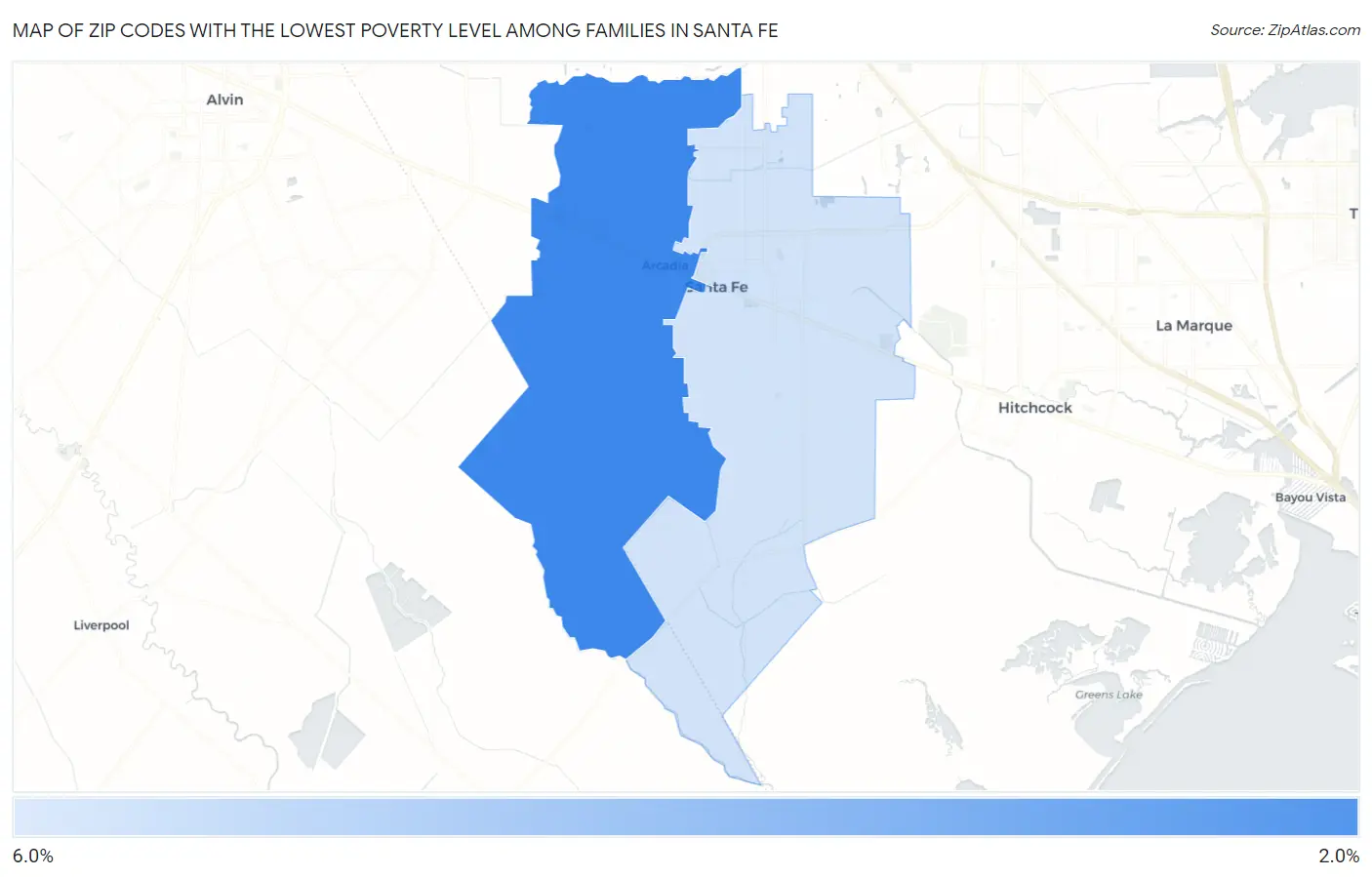 Zip Codes with the Lowest Poverty Level Among Families in Santa Fe Map