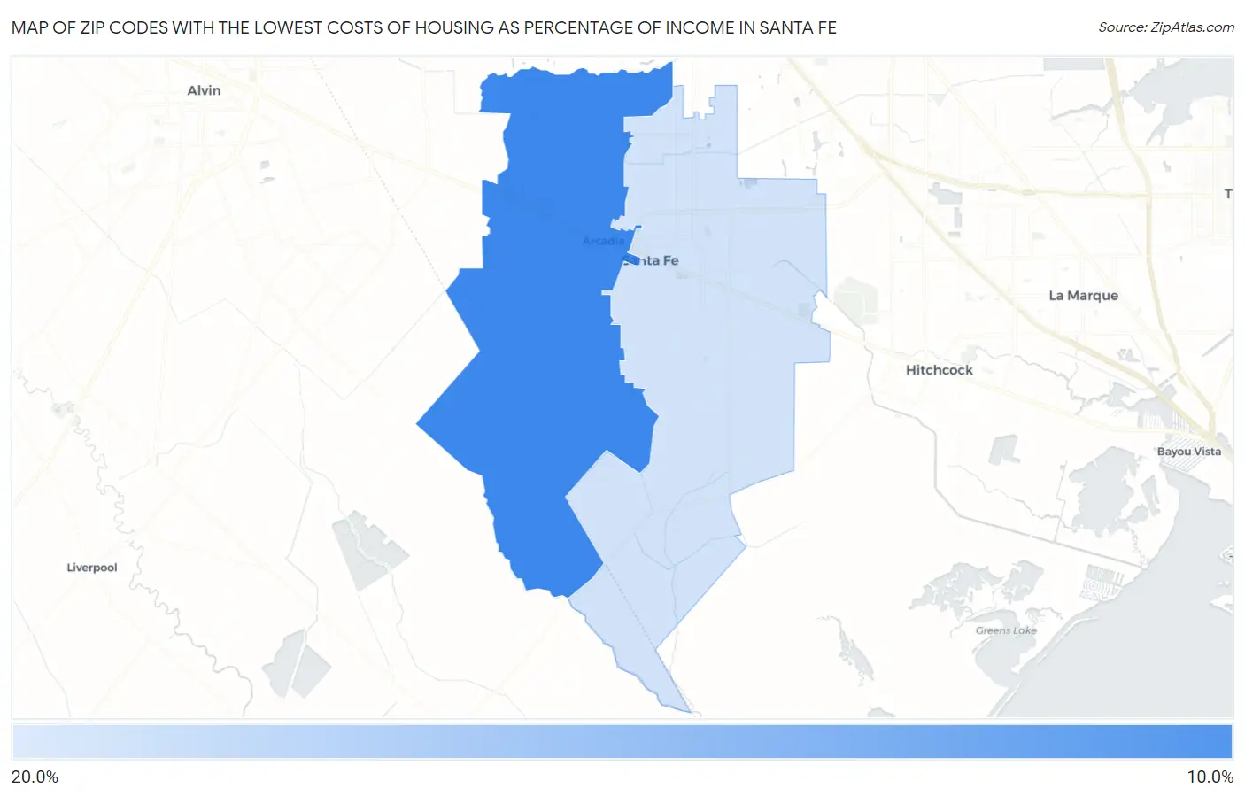 Zip Codes with the Lowest Costs of Housing as Percentage of Income in Santa Fe Map