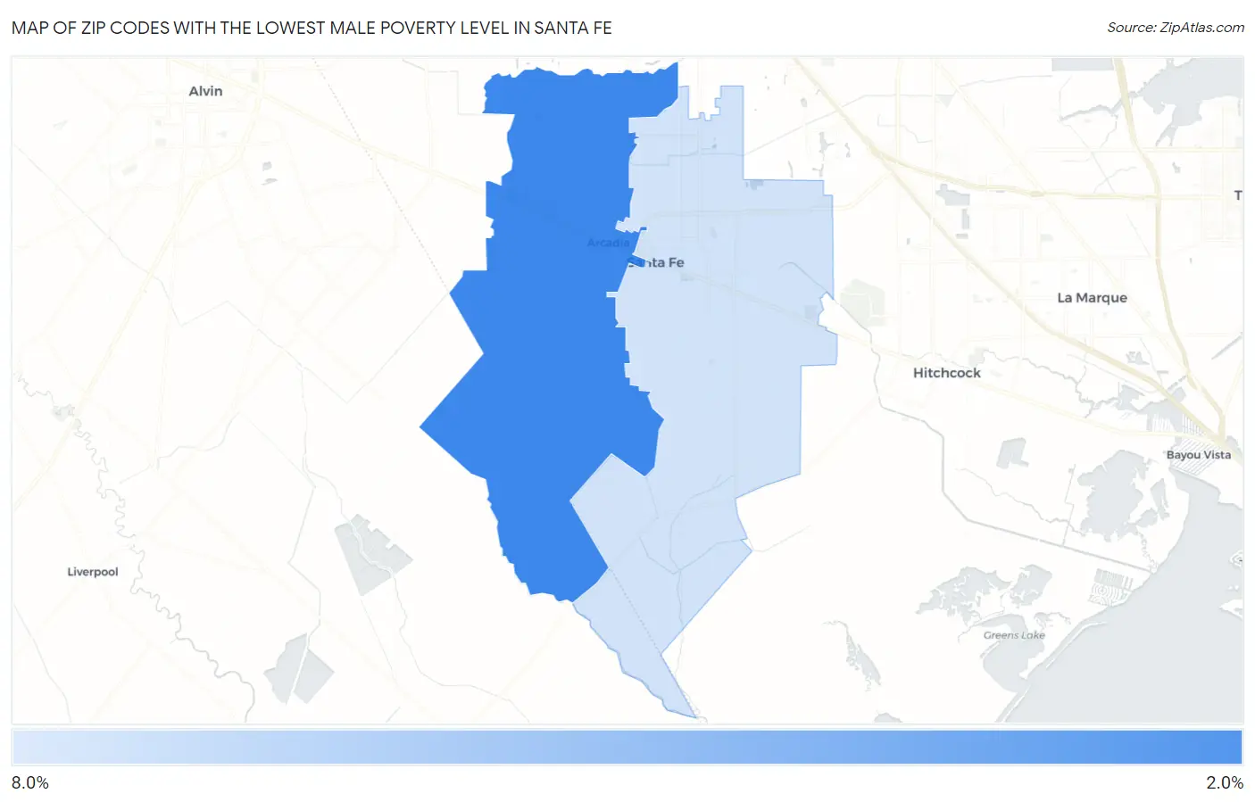 Zip Codes with the Lowest Male Poverty Level in Santa Fe Map