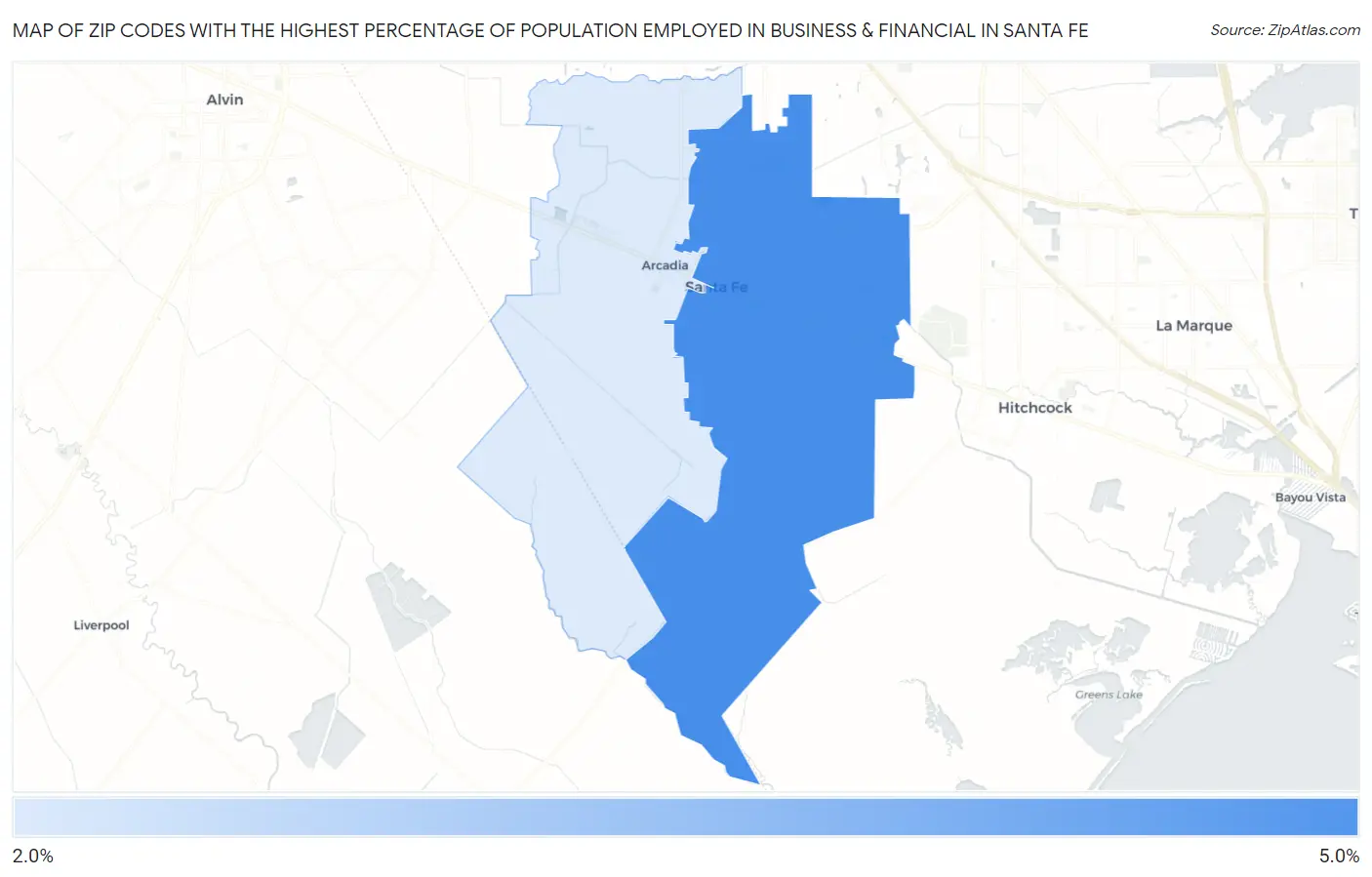Zip Codes with the Highest Percentage of Population Employed in Business & Financial in Santa Fe Map