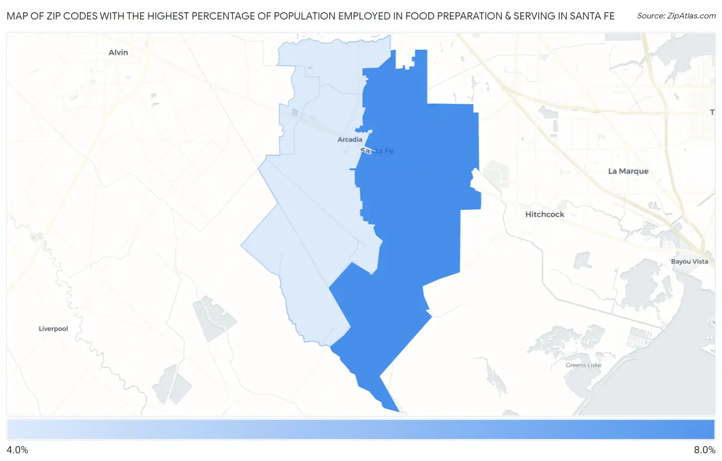 Zip Codes with the Highest Percentage of Population Employed in Food Preparation & Serving in Santa Fe Map