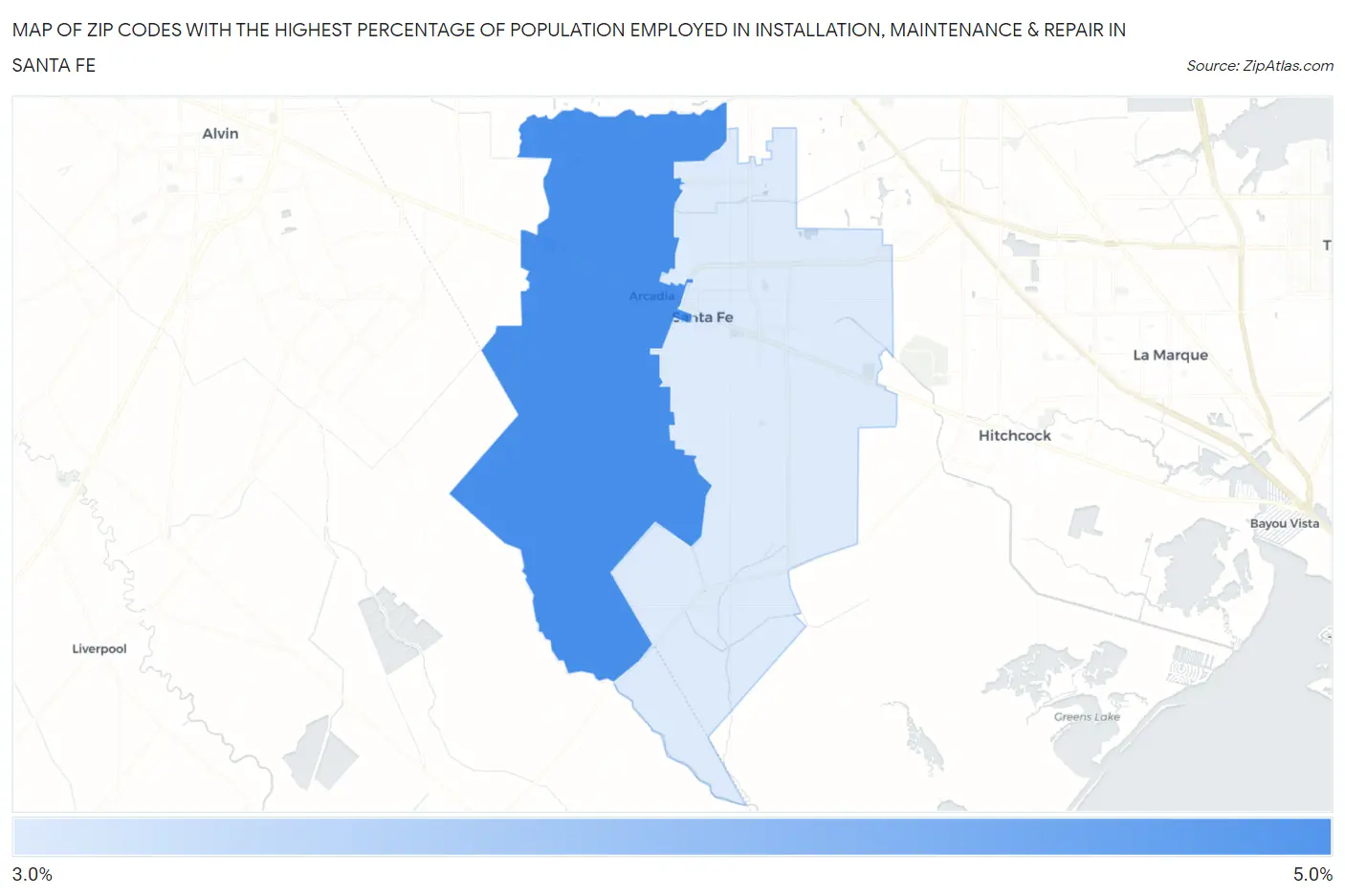 Zip Codes with the Highest Percentage of Population Employed in Installation, Maintenance & Repair in Santa Fe Map