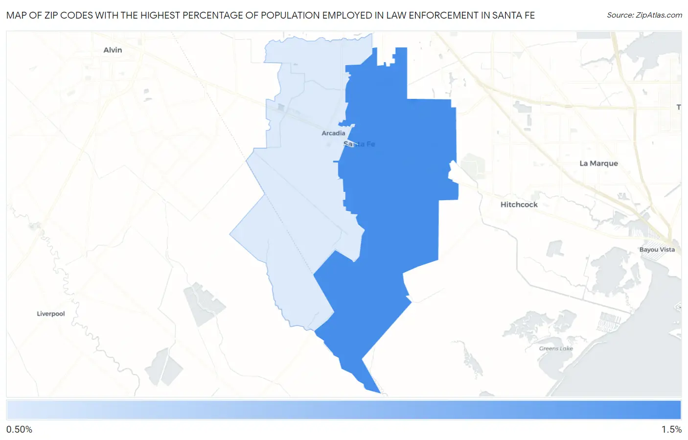 Zip Codes with the Highest Percentage of Population Employed in Law Enforcement in Santa Fe Map