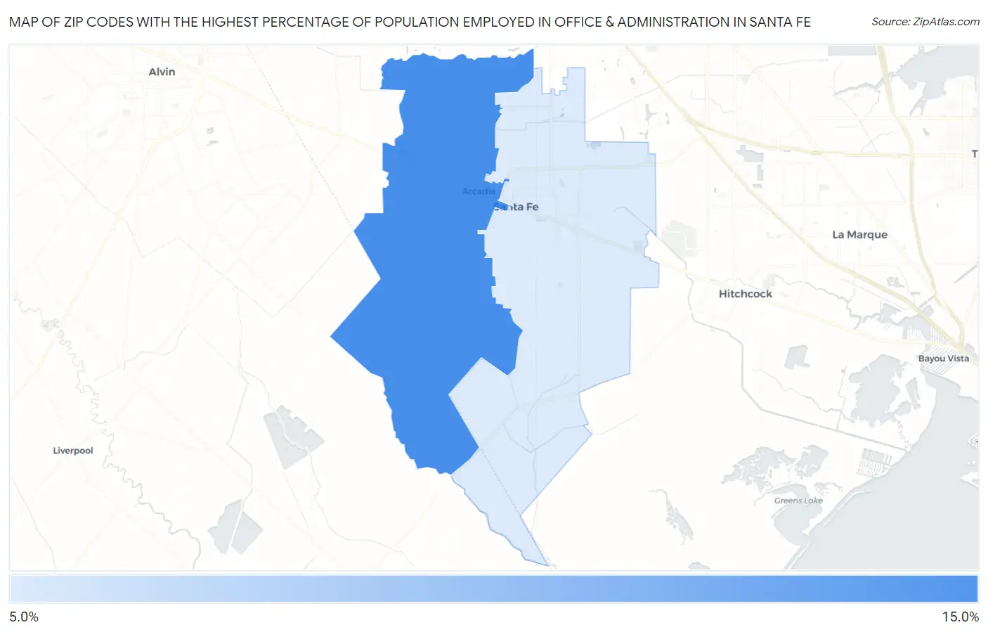 Zip Codes with the Highest Percentage of Population Employed in Office & Administration in Santa Fe Map
