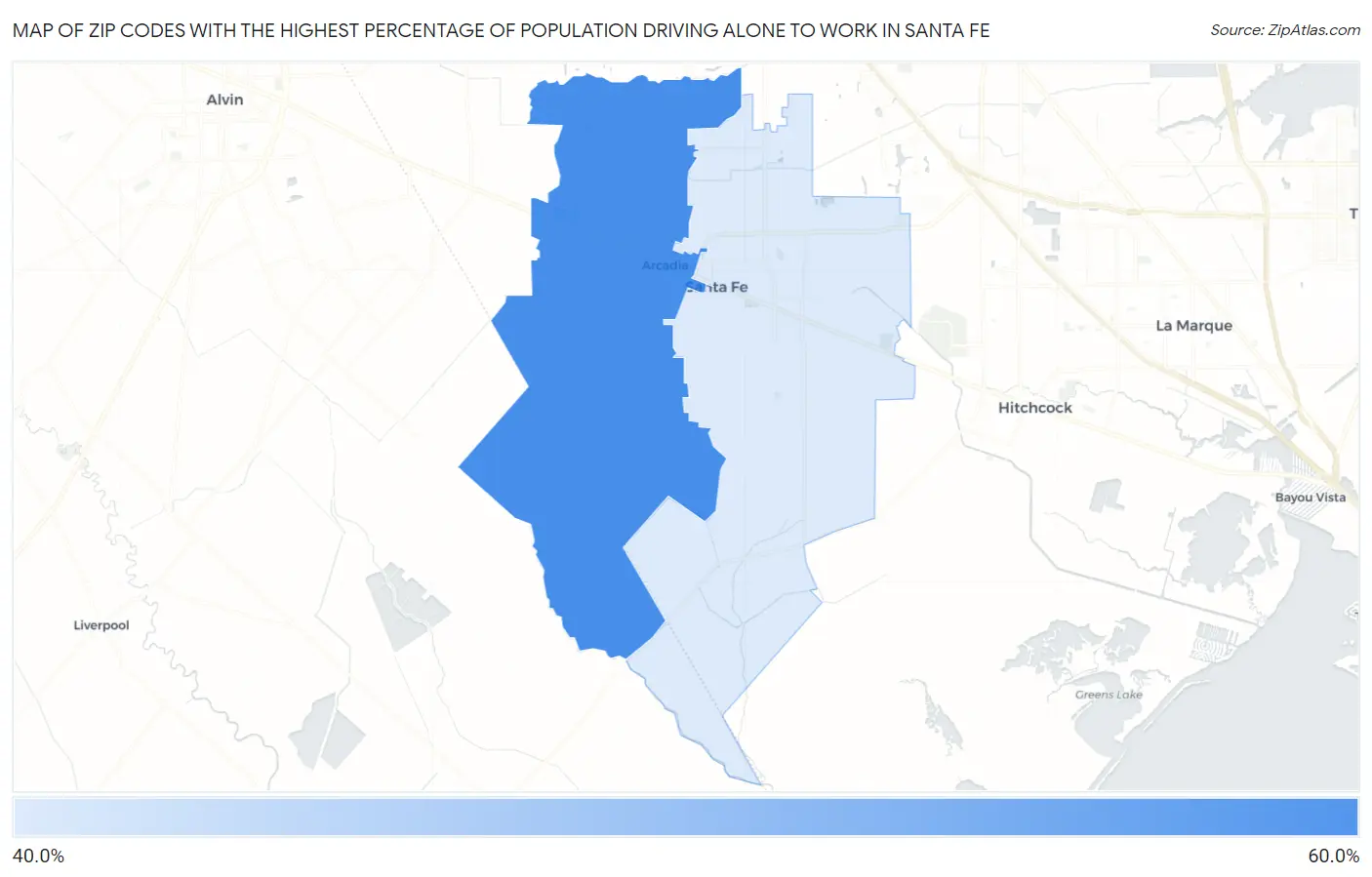 Zip Codes with the Highest Percentage of Population Driving Alone to Work in Santa Fe Map