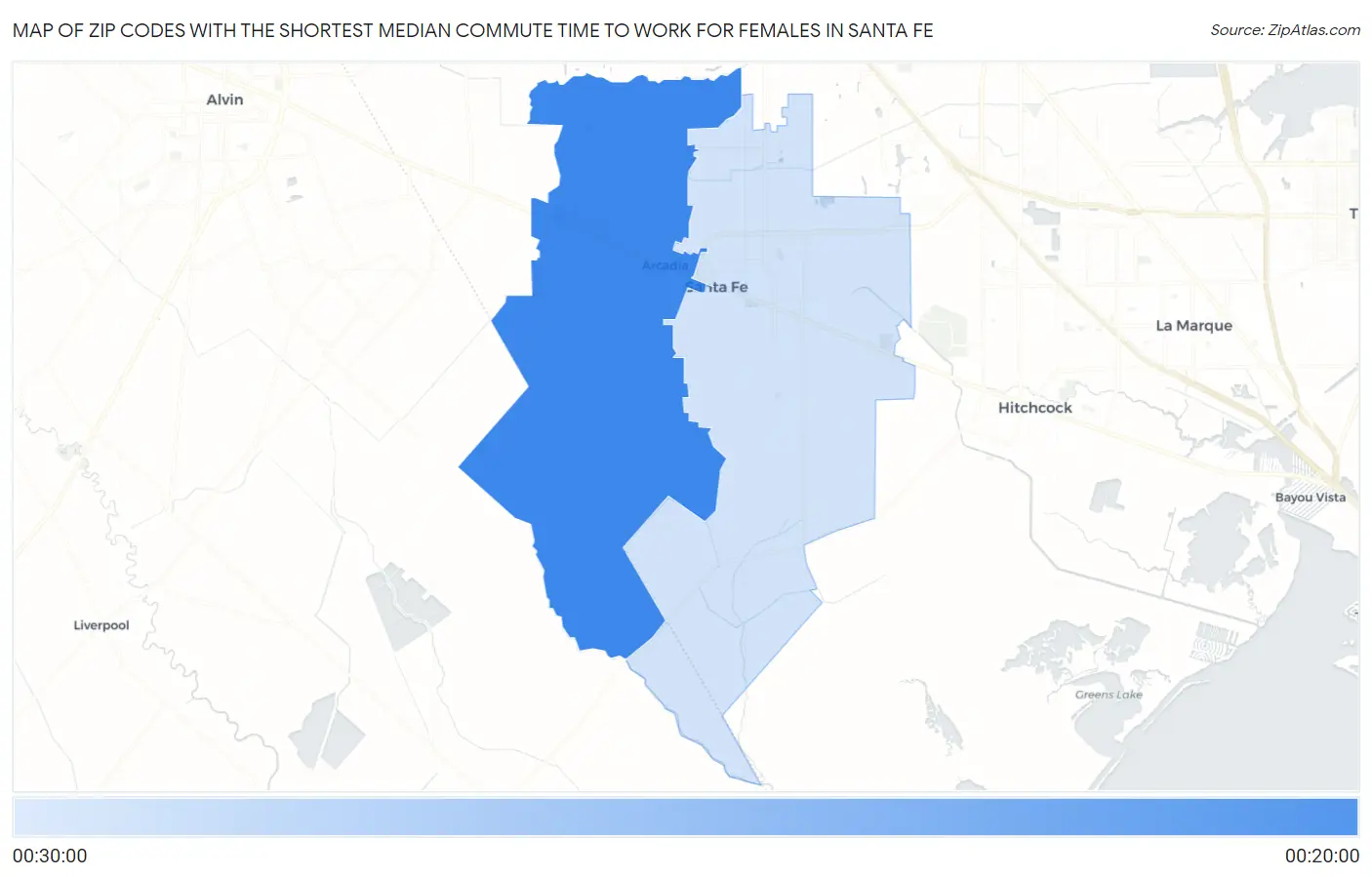 Zip Codes with the Shortest Median Commute Time to Work for Females in Santa Fe Map
