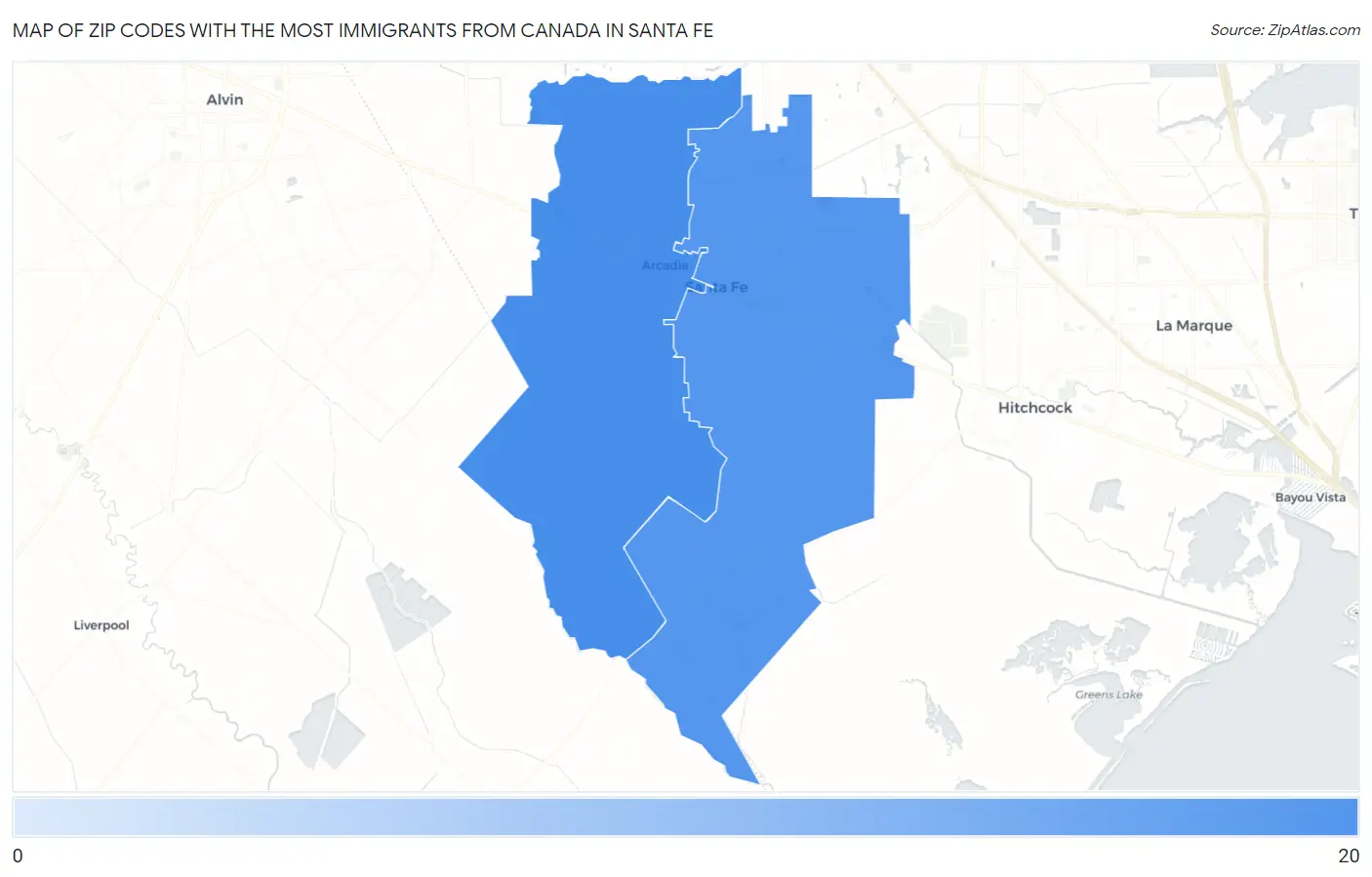 Zip Codes with the Most Immigrants from Canada in Santa Fe Map