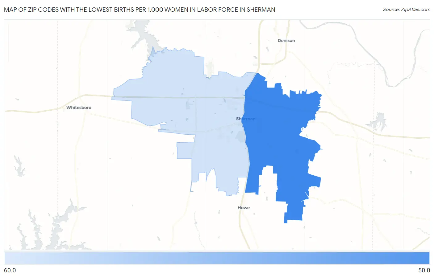 Zip Codes with the Lowest Births per 1,000 Women in Labor Force in Sherman Map