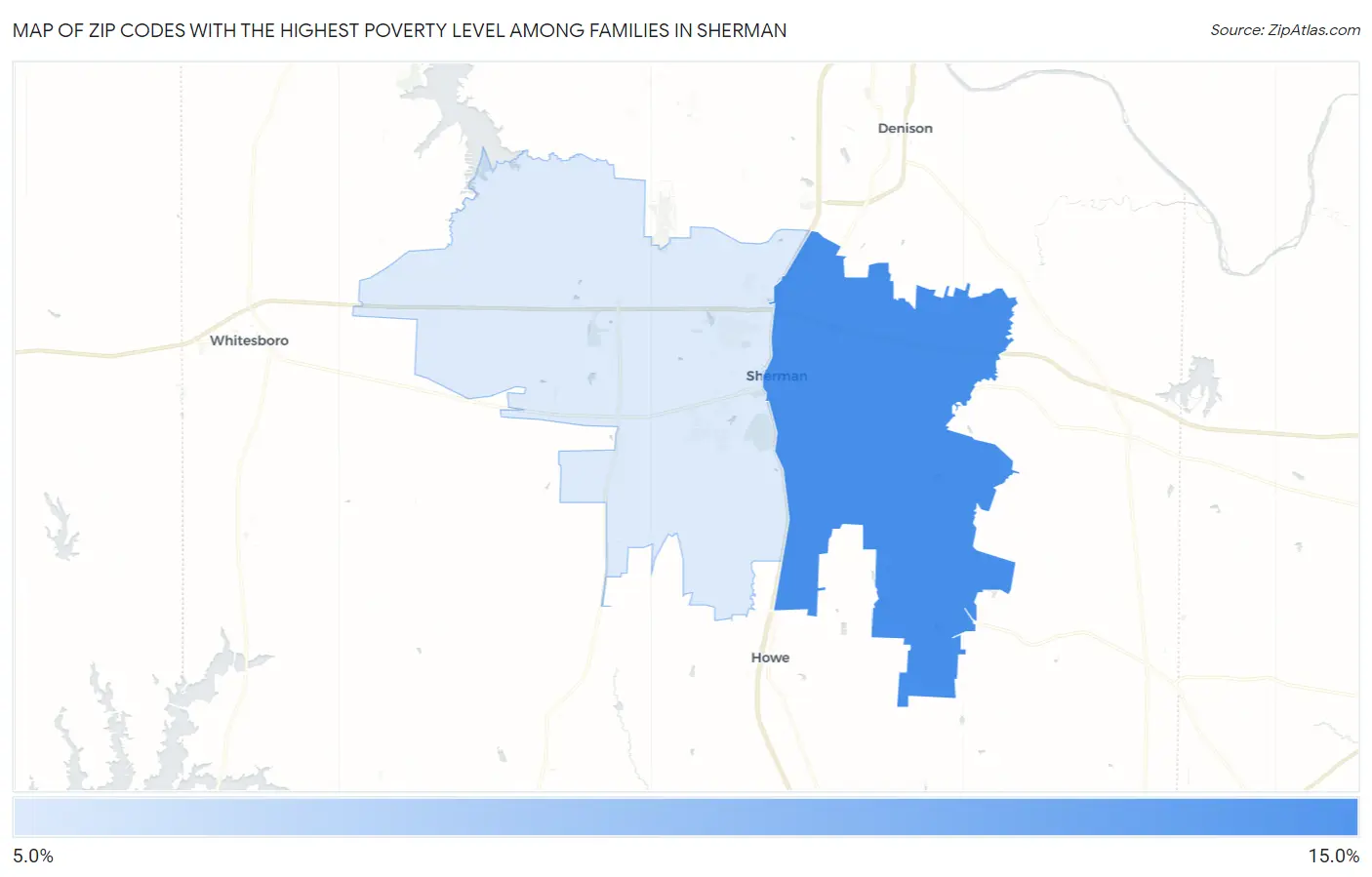 Zip Codes with the Highest Poverty Level Among Families in Sherman Map