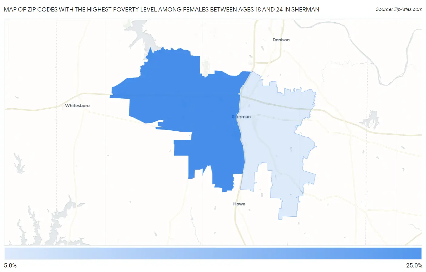 Zip Codes with the Highest Poverty Level Among Females Between Ages 18 and 24 in Sherman Map