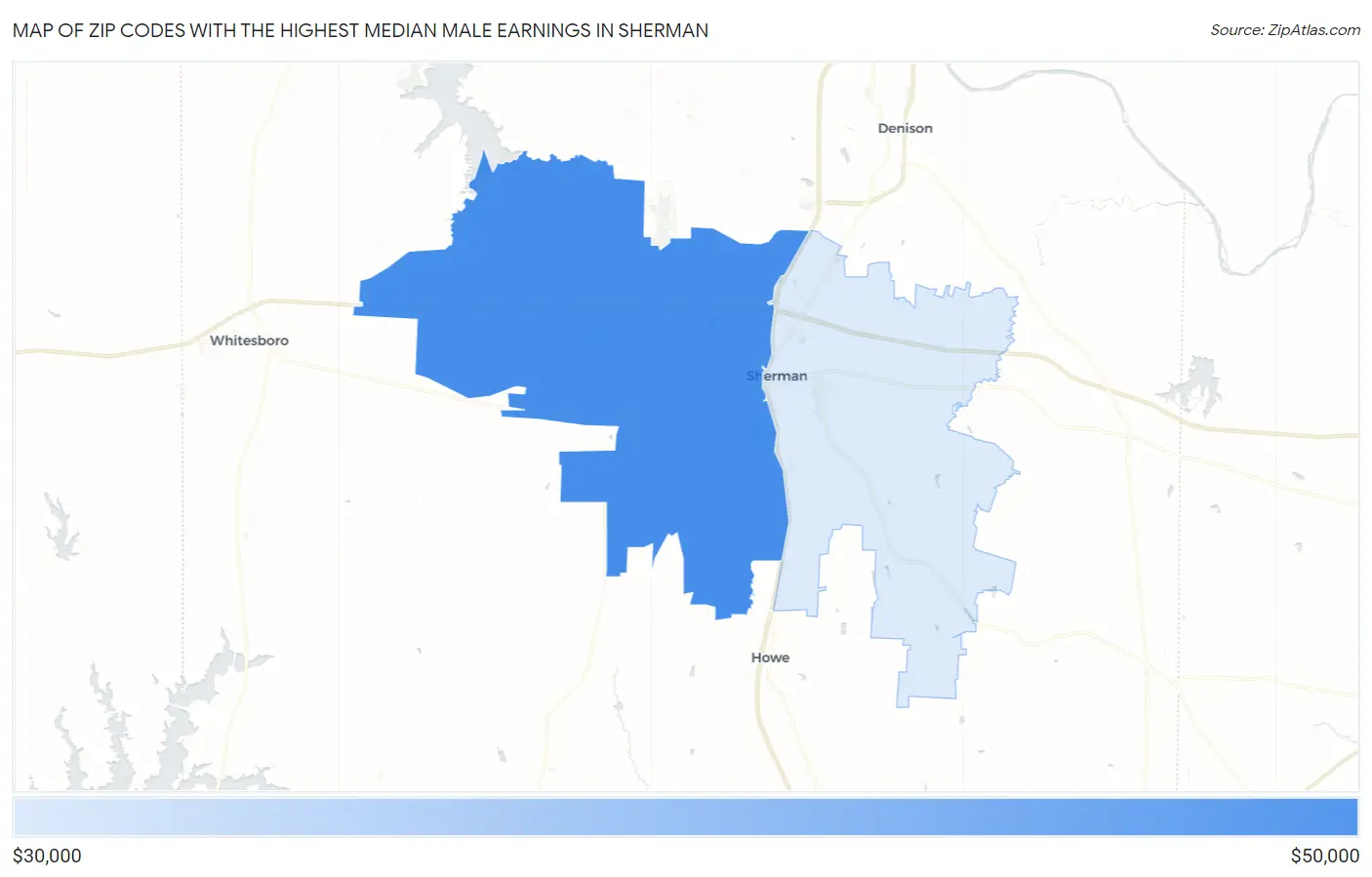 Zip Codes with the Highest Median Male Earnings in Sherman Map