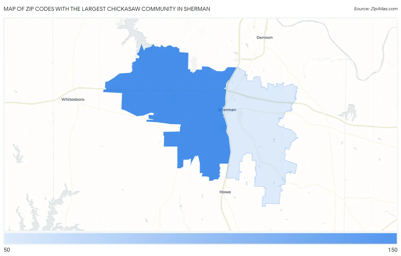 Zip Codes with the Largest Chickasaw Community in Sherman Map