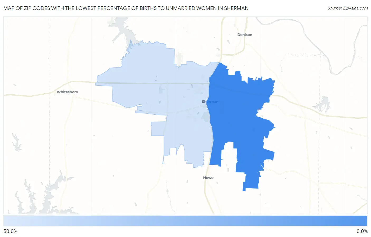 Zip Codes with the Lowest Percentage of Births to Unmarried Women in Sherman Map