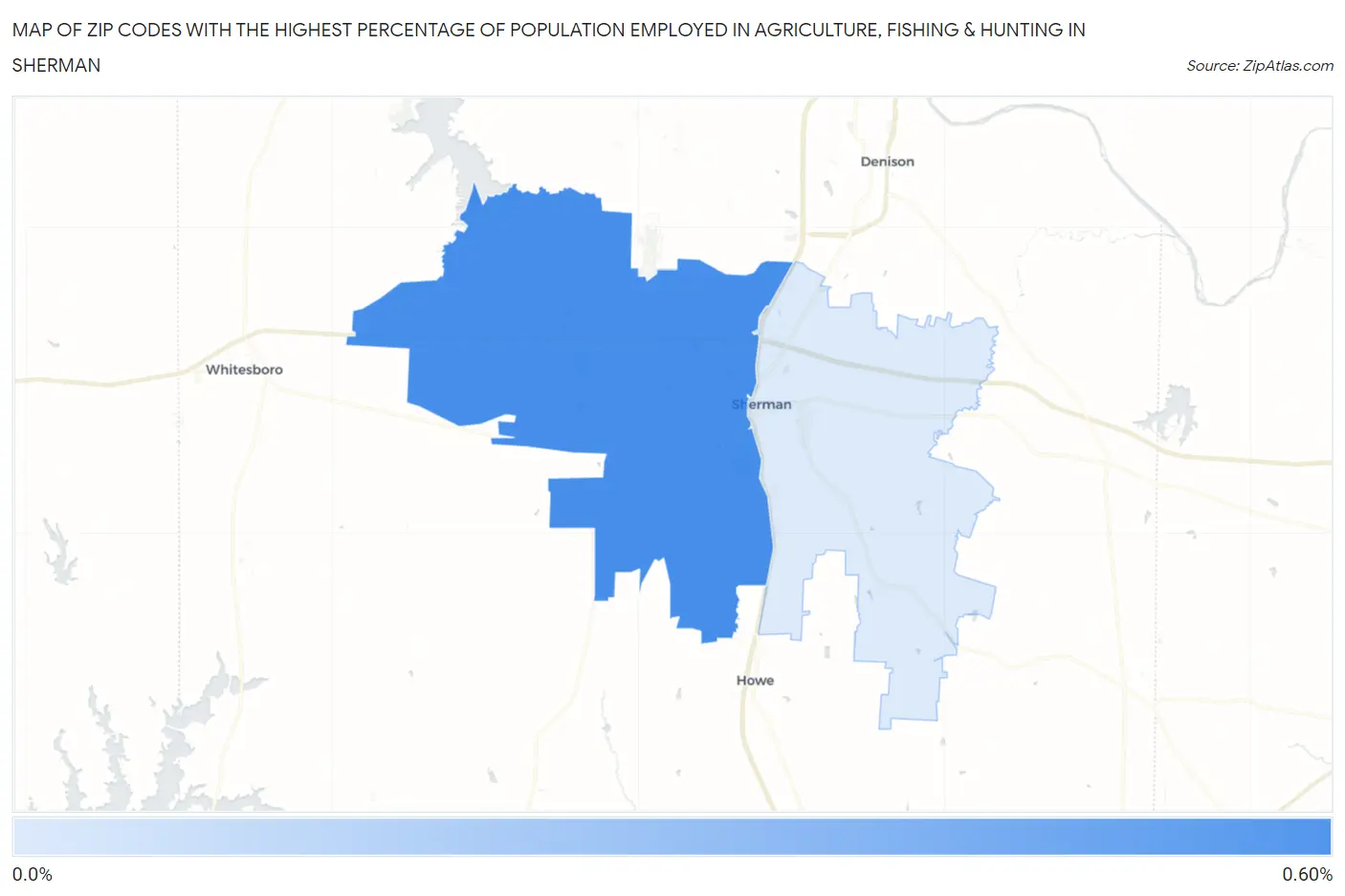 Zip Codes with the Highest Percentage of Population Employed in Agriculture, Fishing & Hunting in Sherman Map