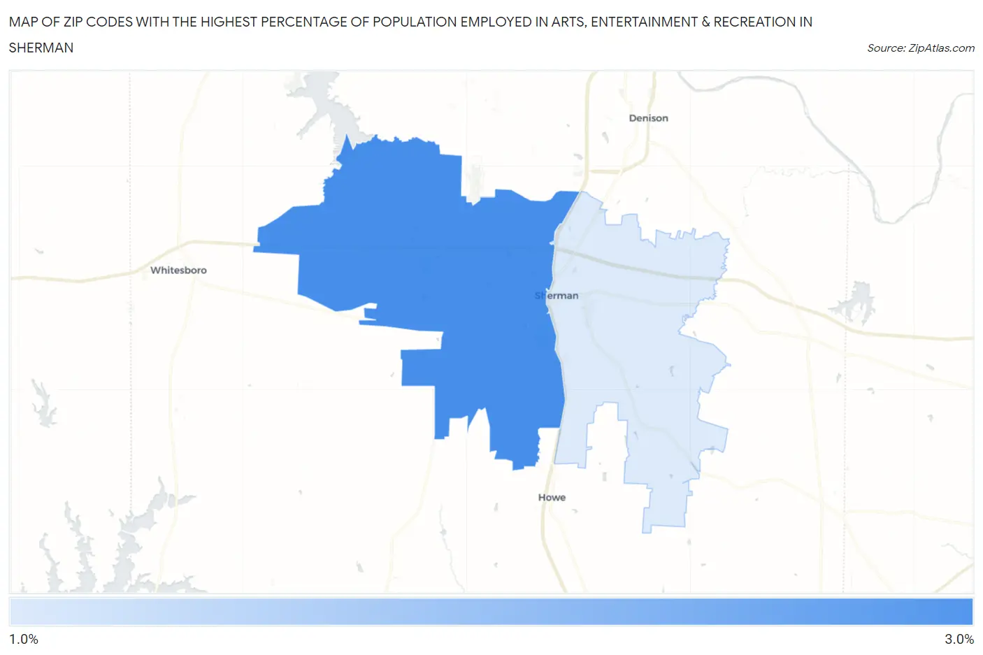 Zip Codes with the Highest Percentage of Population Employed in Arts, Entertainment & Recreation in Sherman Map