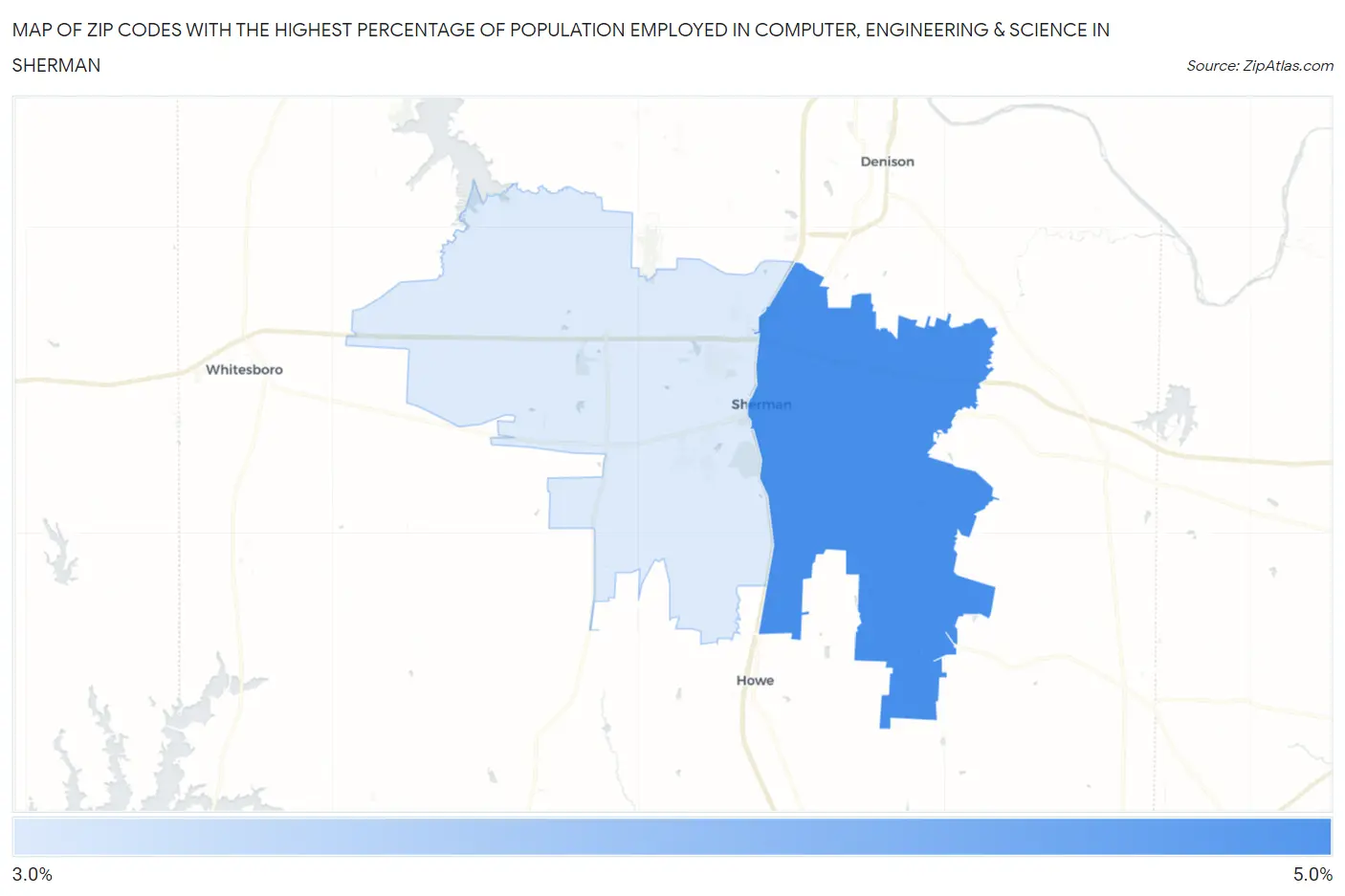 Zip Codes with the Highest Percentage of Population Employed in Computer, Engineering & Science in Sherman Map