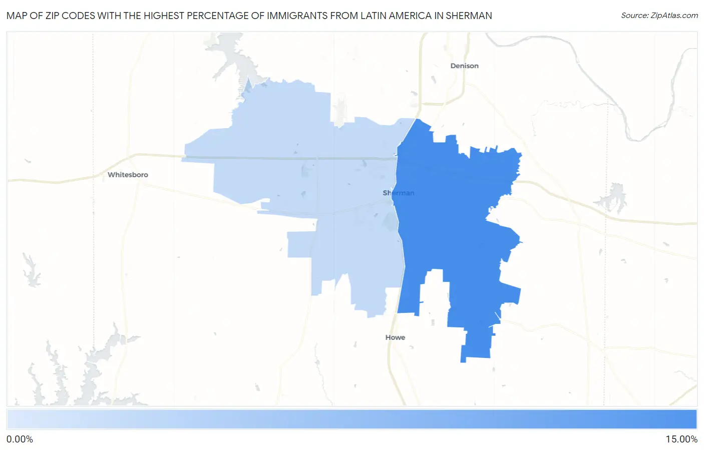 Zip Codes with the Highest Percentage of Immigrants from Latin America in Sherman Map