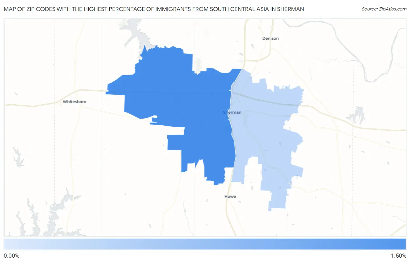 Zip Codes with the Highest Percentage of Immigrants from South Central Asia in Sherman Map