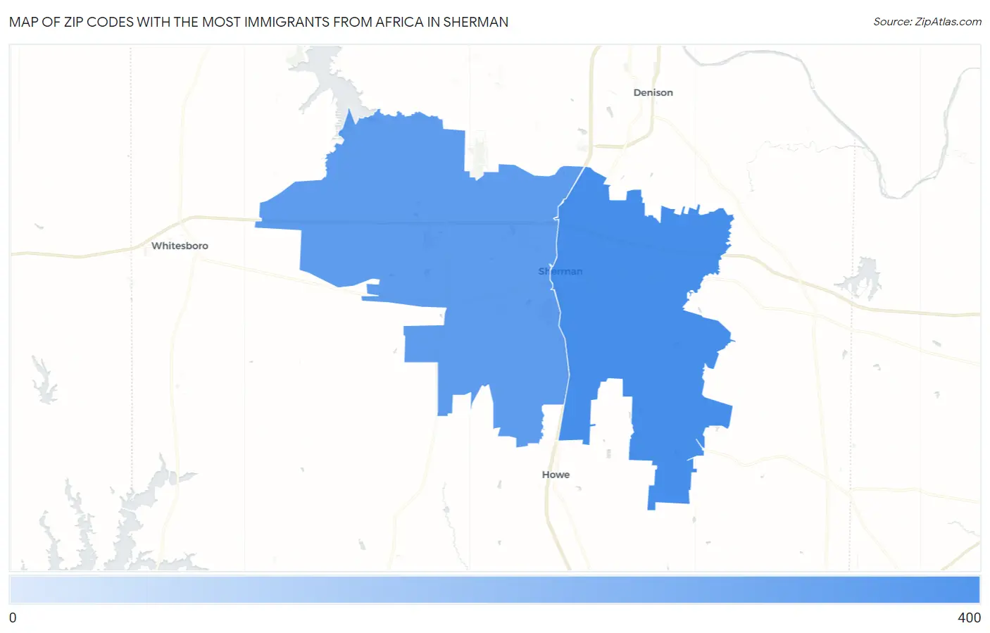 Zip Codes with the Most Immigrants from Africa in Sherman Map