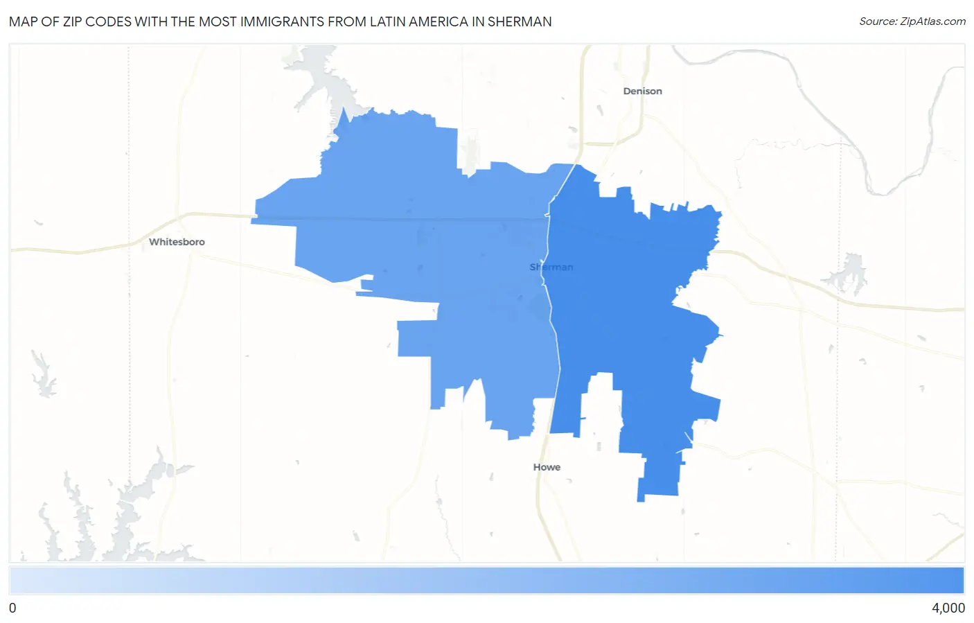 Zip Codes with the Most Immigrants from Latin America in Sherman Map