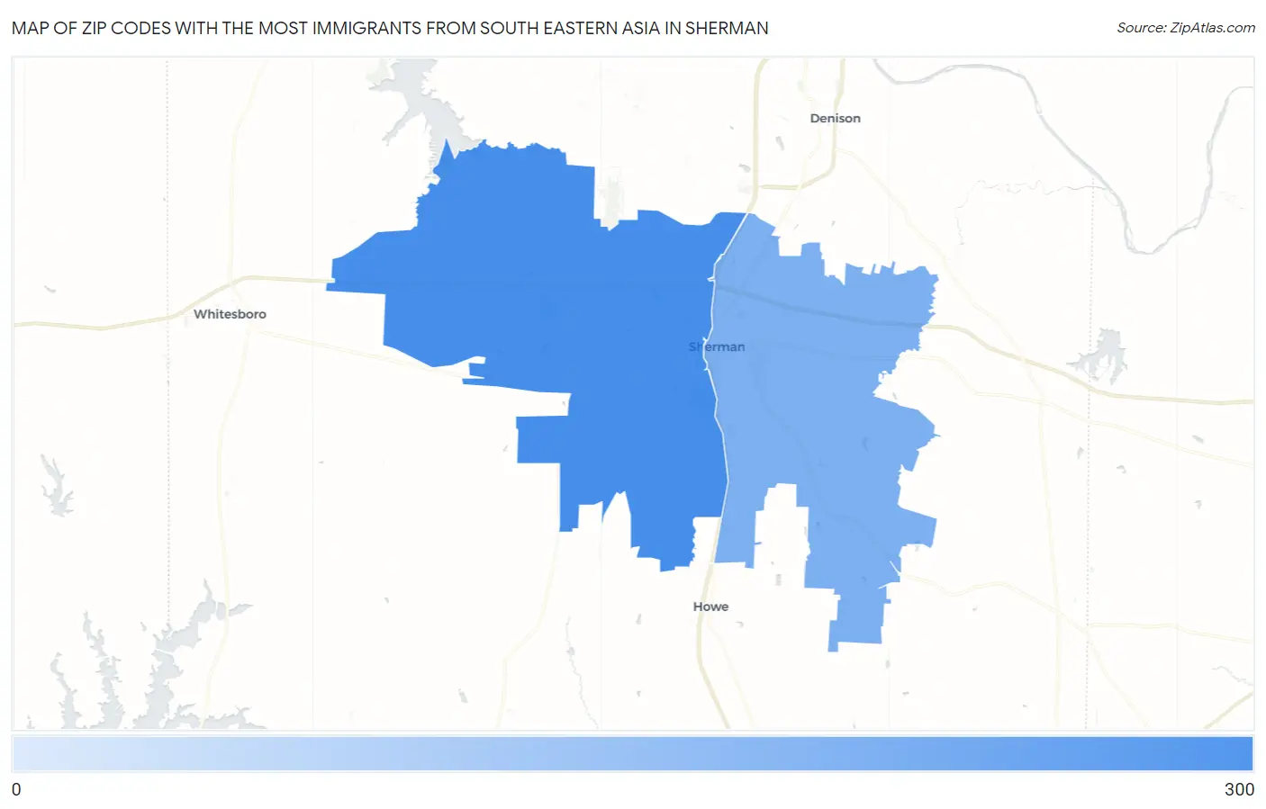 Zip Codes with the Most Immigrants from South Eastern Asia in Sherman Map