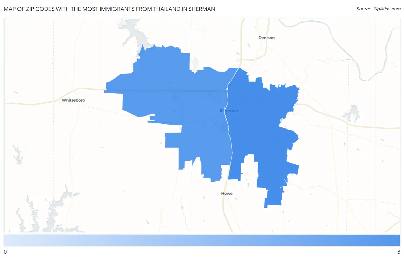 Zip Codes with the Most Immigrants from Thailand in Sherman Map