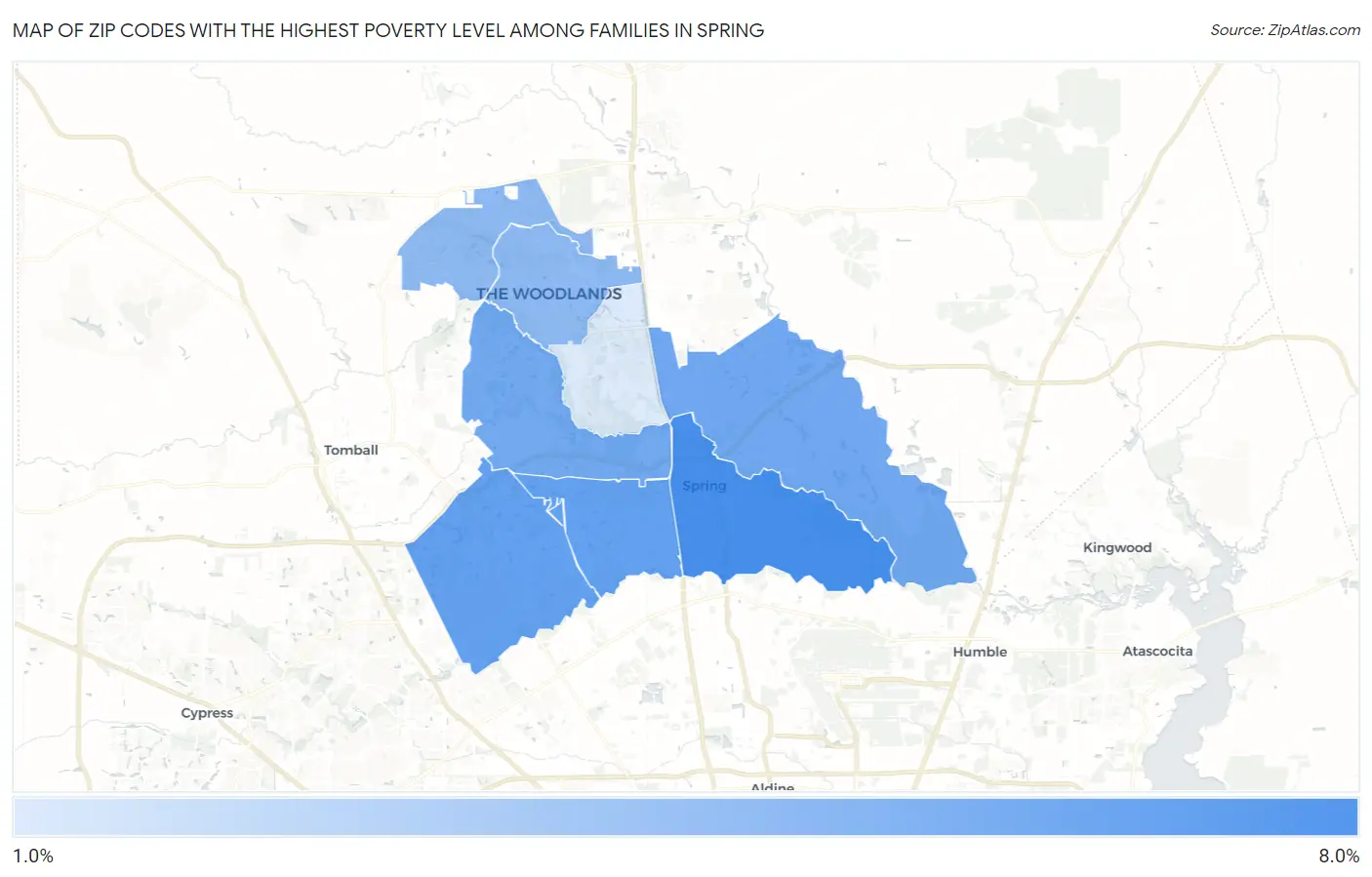 Zip Codes with the Highest Poverty Level Among Families in Spring Map