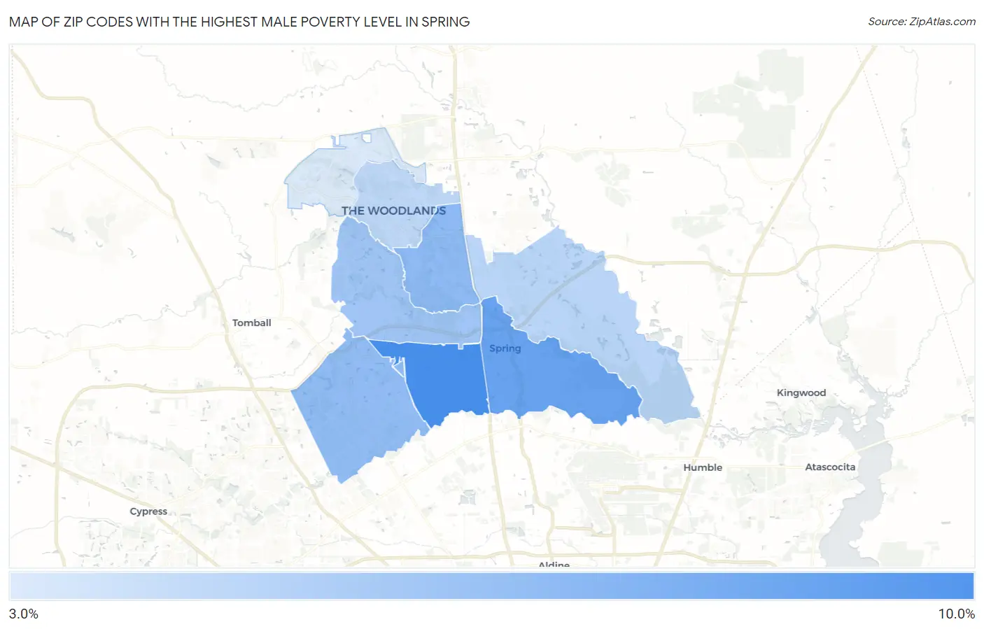 Zip Codes with the Highest Male Poverty Level in Spring Map