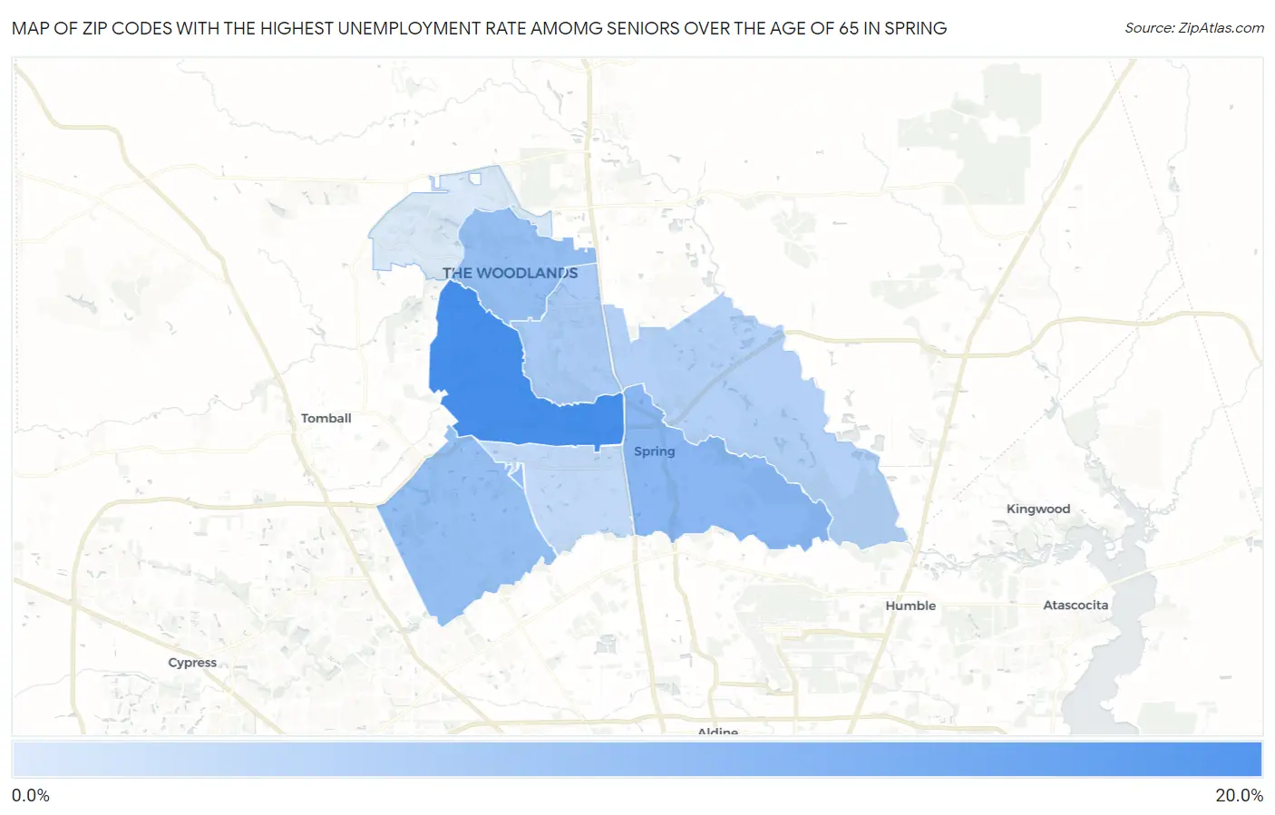 Zip Codes with the Highest Unemployment Rate Amomg Seniors Over the Age of 65 in Spring Map