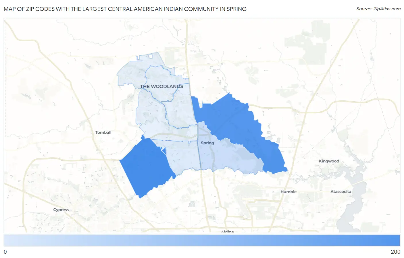 Zip Codes with the Largest Central American Indian Community in Spring Map