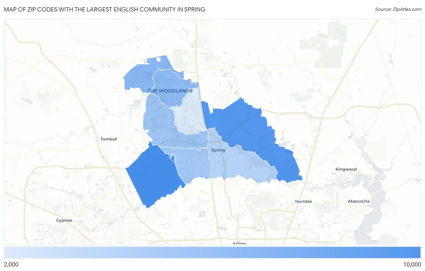 Zip Codes with the Largest English Community in Spring Map