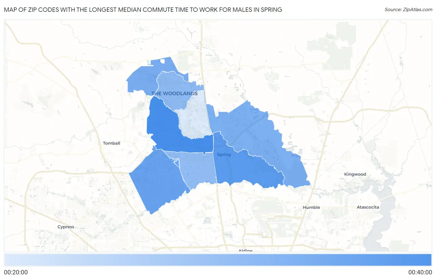 Zip Codes with the Longest Median Commute Time to Work for Males in Spring Map