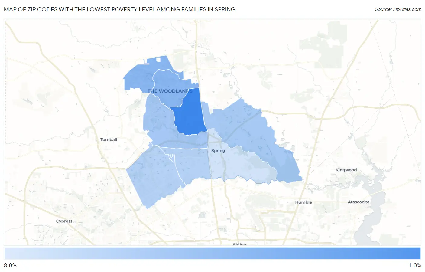 Zip Codes with the Lowest Poverty Level Among Families in Spring Map