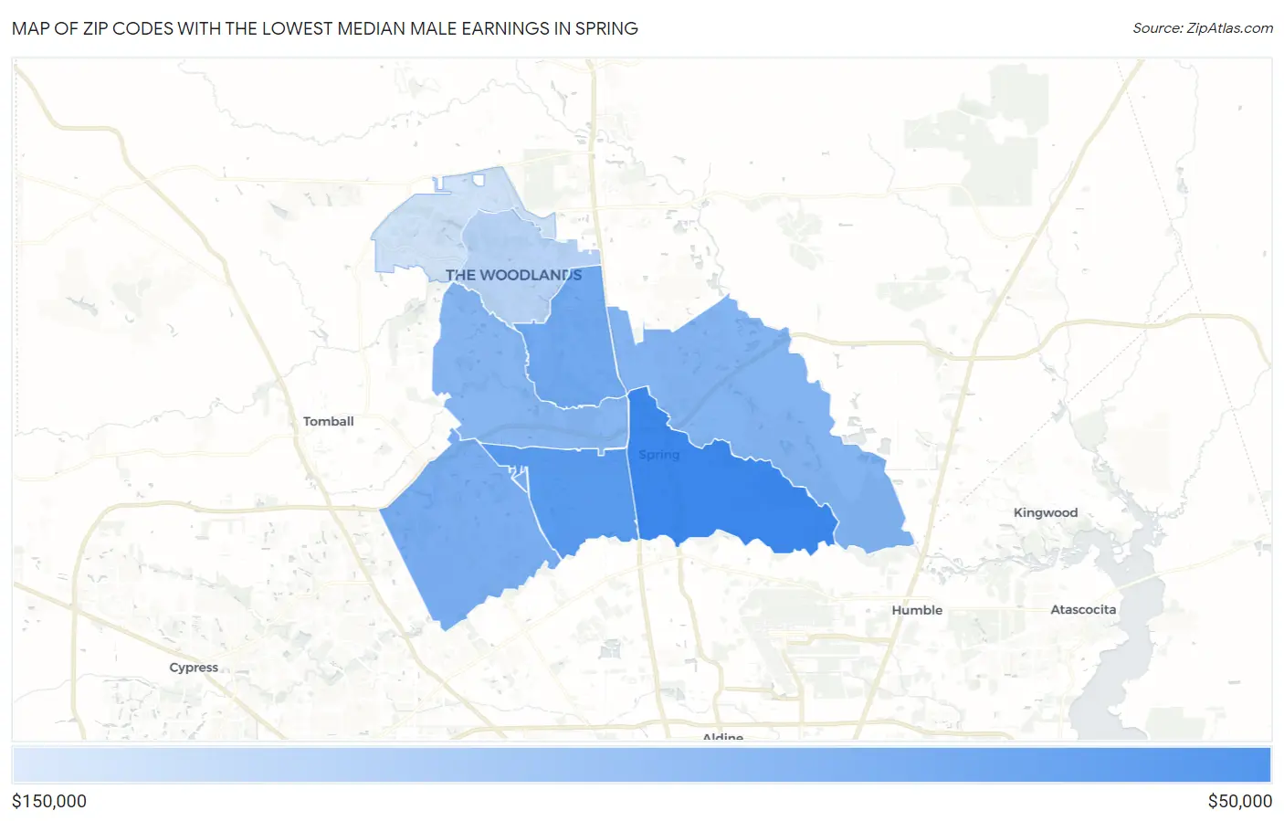 Zip Codes with the Lowest Median Male Earnings in Spring Map