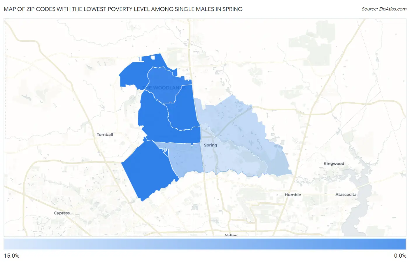 Zip Codes with the Lowest Poverty Level Among Single Males in Spring Map