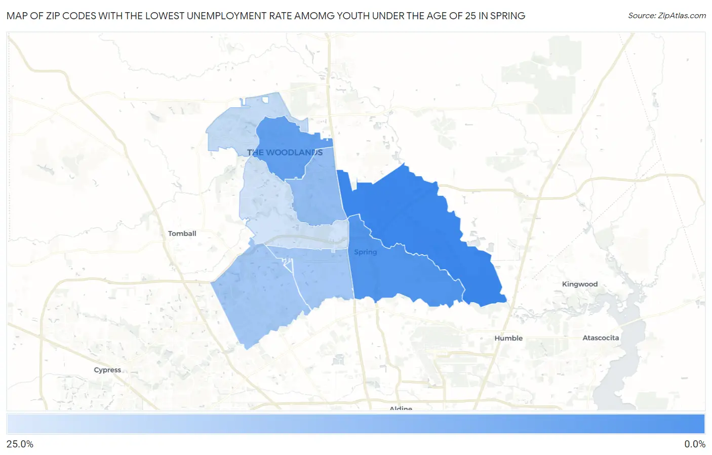 Zip Codes with the Lowest Unemployment Rate Amomg Youth Under the Age of 25 in Spring Map