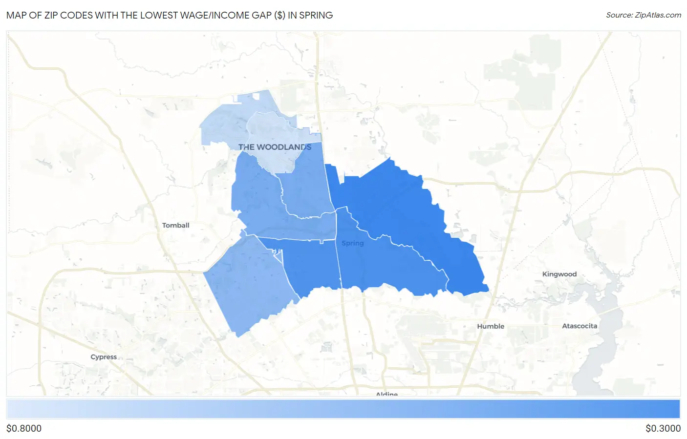 Zip Codes with the Lowest Wage/Income Gap ($) in Spring Map