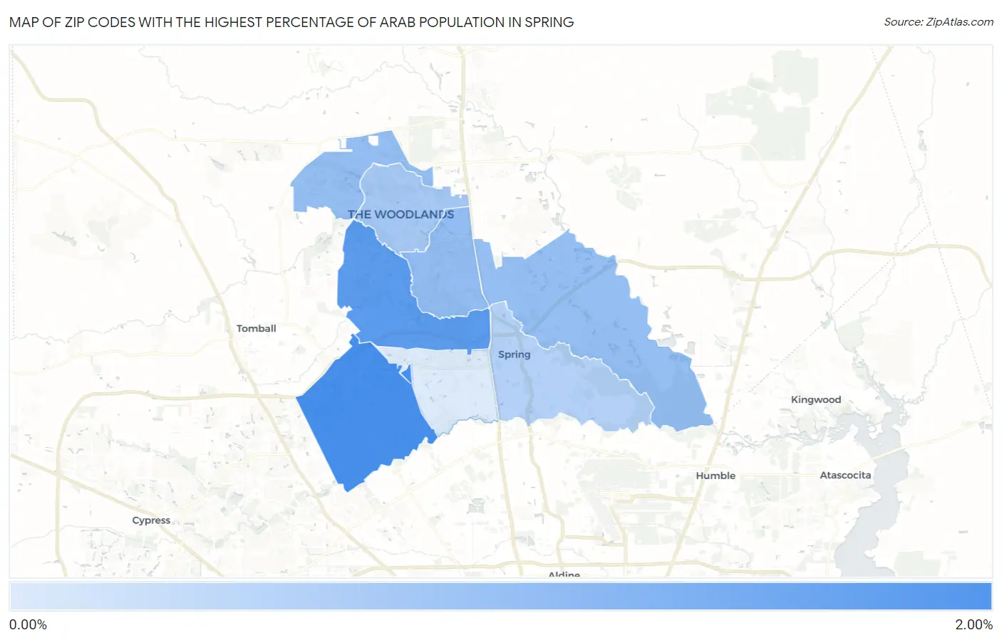 Zip Codes with the Highest Percentage of Arab Population in Spring Map