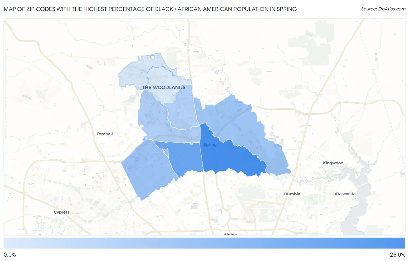 Zip Codes with the Highest Percentage of Black / African American Population in Spring Map