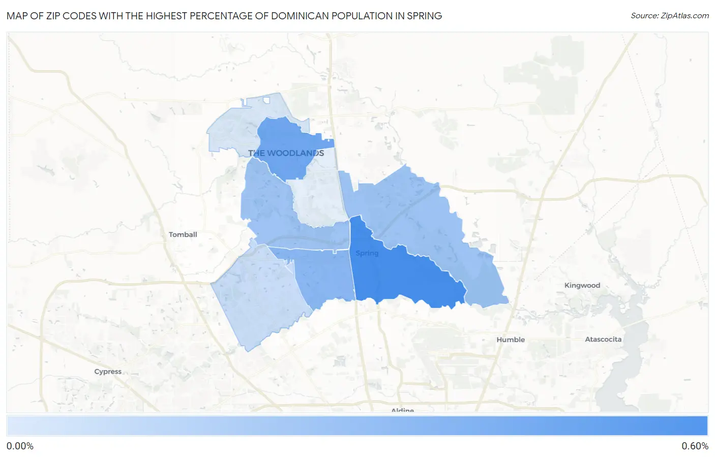 Zip Codes with the Highest Percentage of Dominican Population in Spring Map