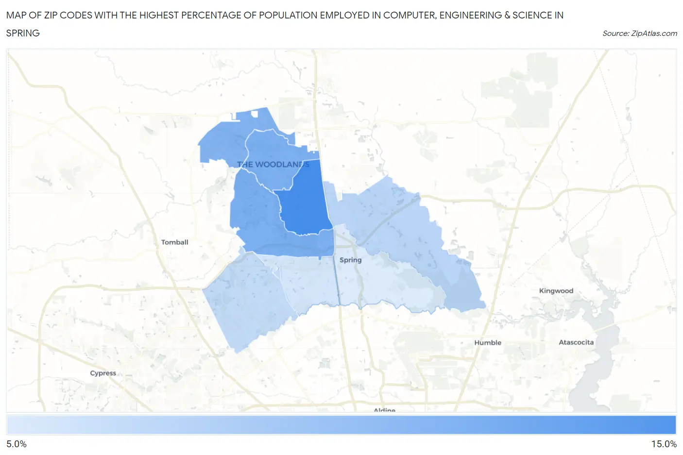 Zip Codes with the Highest Percentage of Population Employed in Computer, Engineering & Science in Spring Map