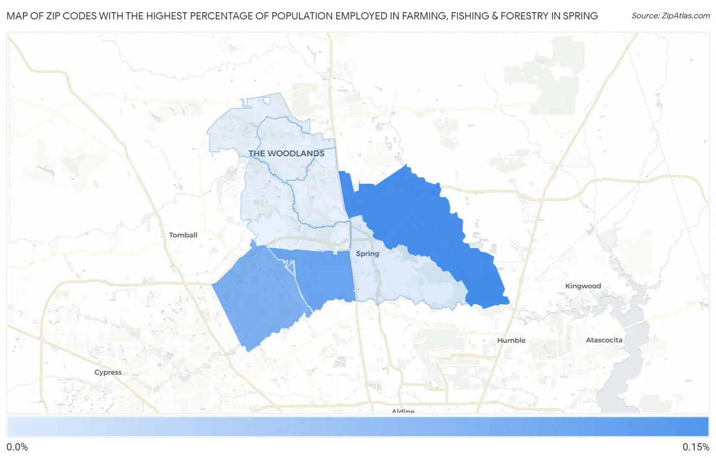 Zip Codes with the Highest Percentage of Population Employed in Farming, Fishing & Forestry in Spring Map