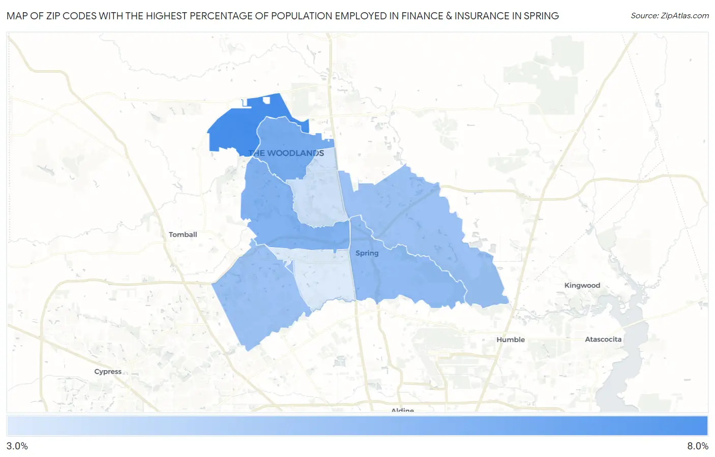 Zip Codes with the Highest Percentage of Population Employed in Finance & Insurance in Spring Map