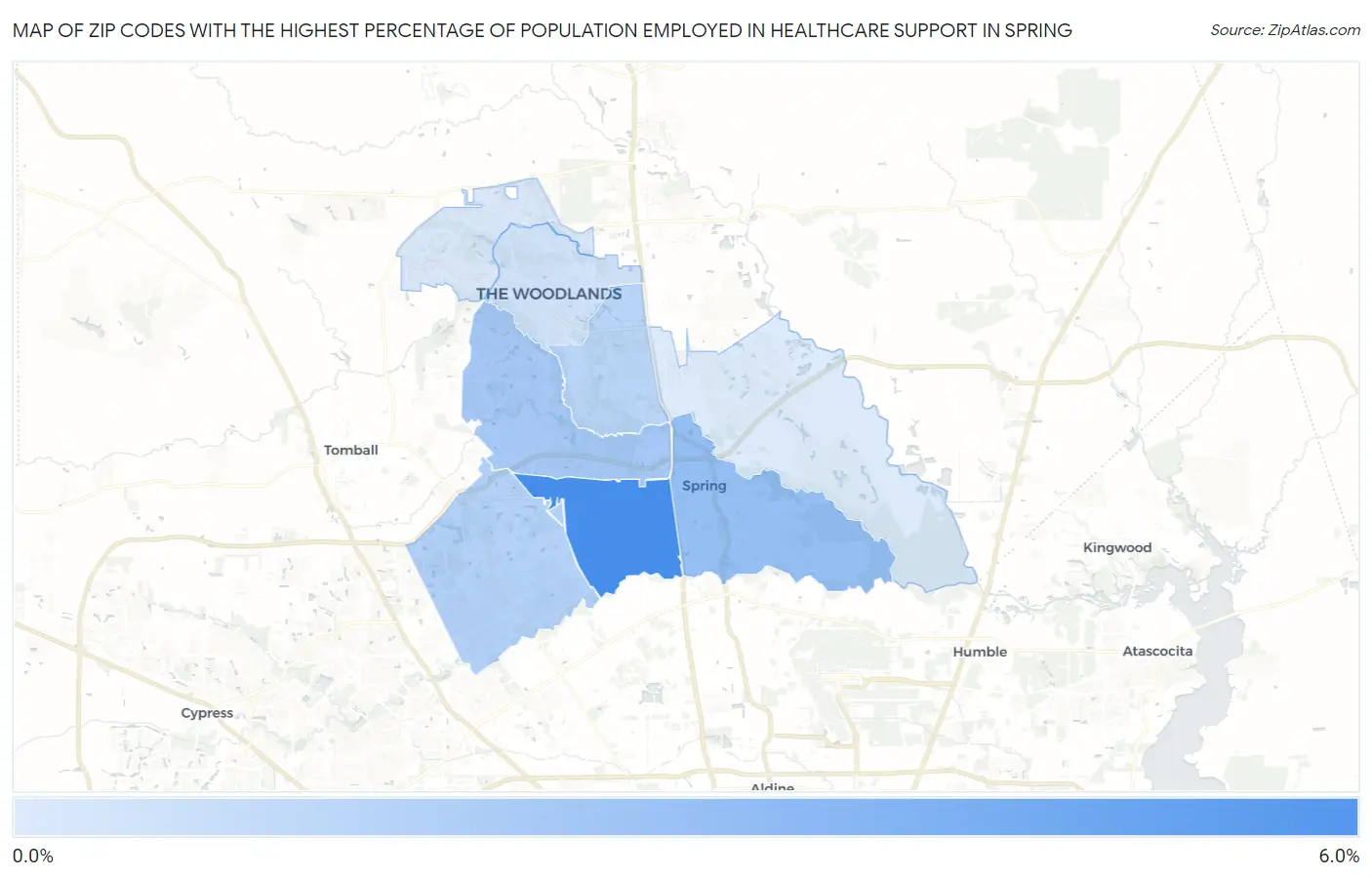 Zip Codes with the Highest Percentage of Population Employed in Healthcare Support in Spring Map