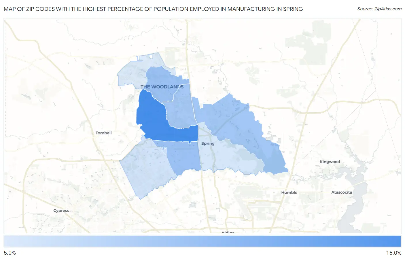 Zip Codes with the Highest Percentage of Population Employed in Manufacturing in Spring Map