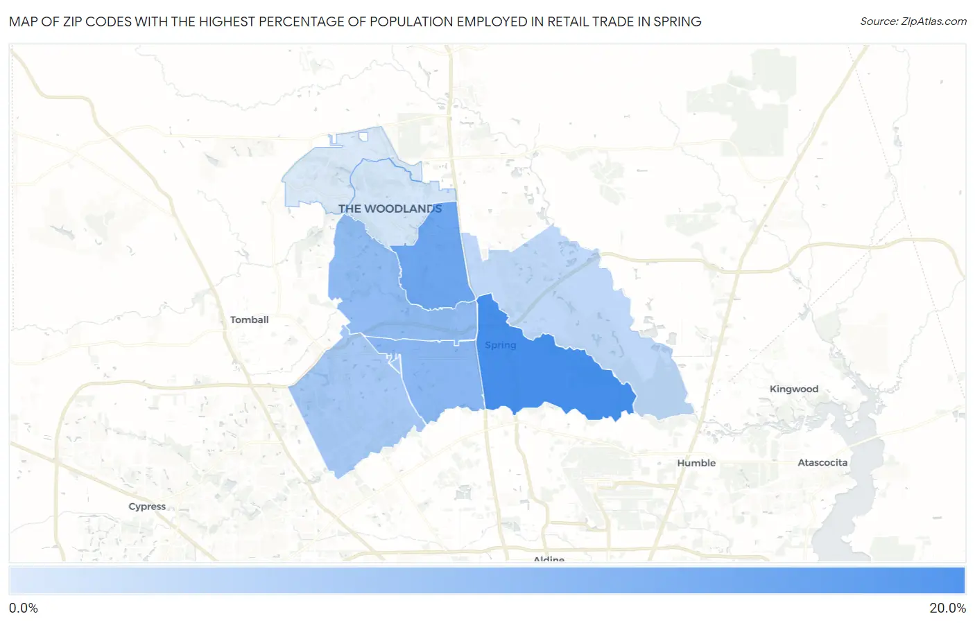 Zip Codes with the Highest Percentage of Population Employed in Retail Trade in Spring Map