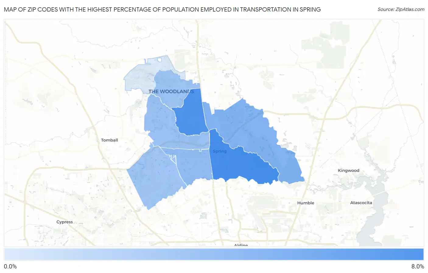 Zip Codes with the Highest Percentage of Population Employed in Transportation in Spring Map